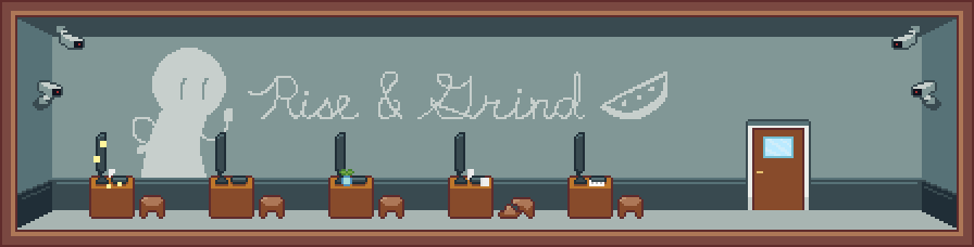 The office workspace, a drab grey room with individual desks, and covered in security cameras